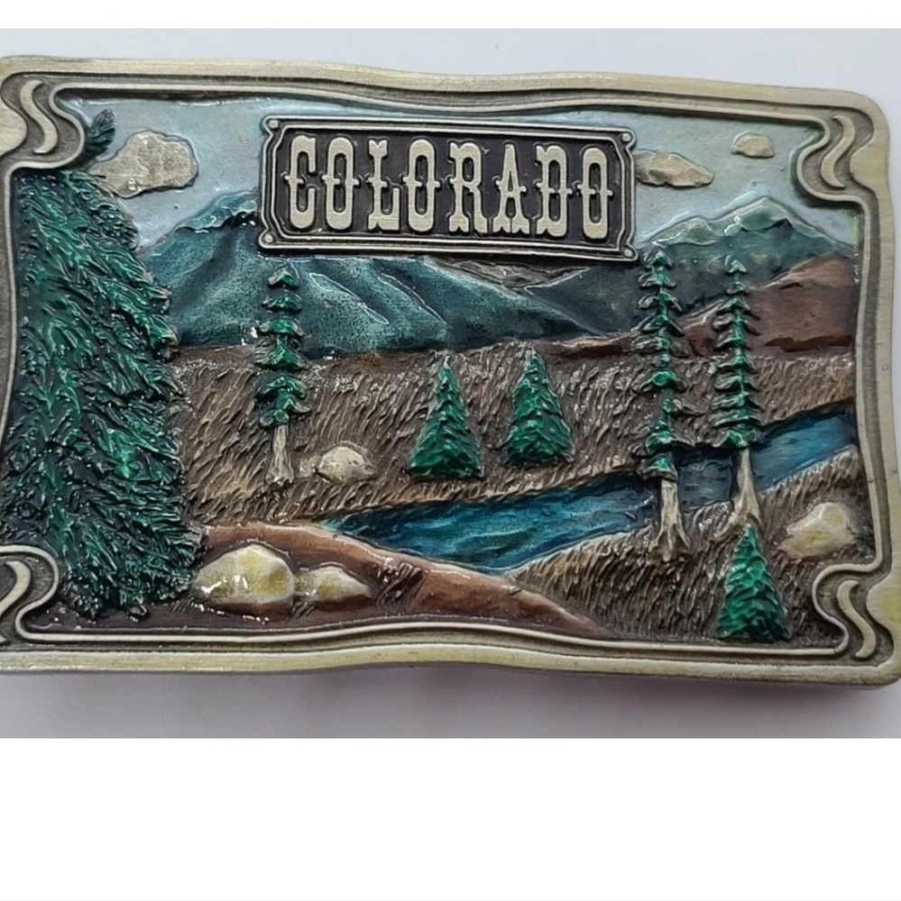 Vintage 1976 US State of Colorado Scenic‎ Belt Brass Buckle Dix Leather Co.